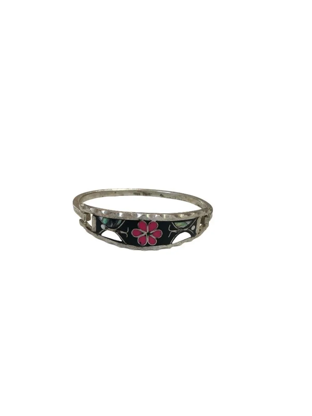 Mexico Sterling Silver 925 Hinged Floral Abalone Inlay Bangle Bracelet Child’s